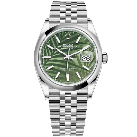 Datejust 36 36mm Oystersteel Jubilee Bracelet and Olive Green with Palm-Motif Dial Domed Bezel