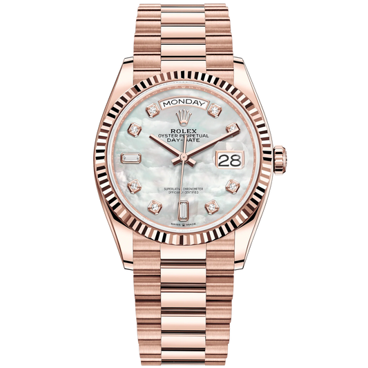 Day-Date 36 36mm President Bracelet and 18 KT Everose Gold with White Mother-of-Pearl Dial Diamond-Set Dial Fluted Bezel