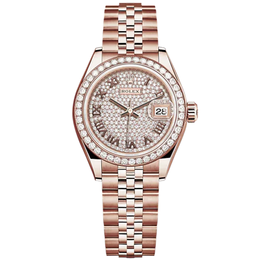 Lady-DateJust 28mm Jubilee Bracelet and 18 KT Everose Gold with Diamond-Paved Dial and Diamond-Set Bezel