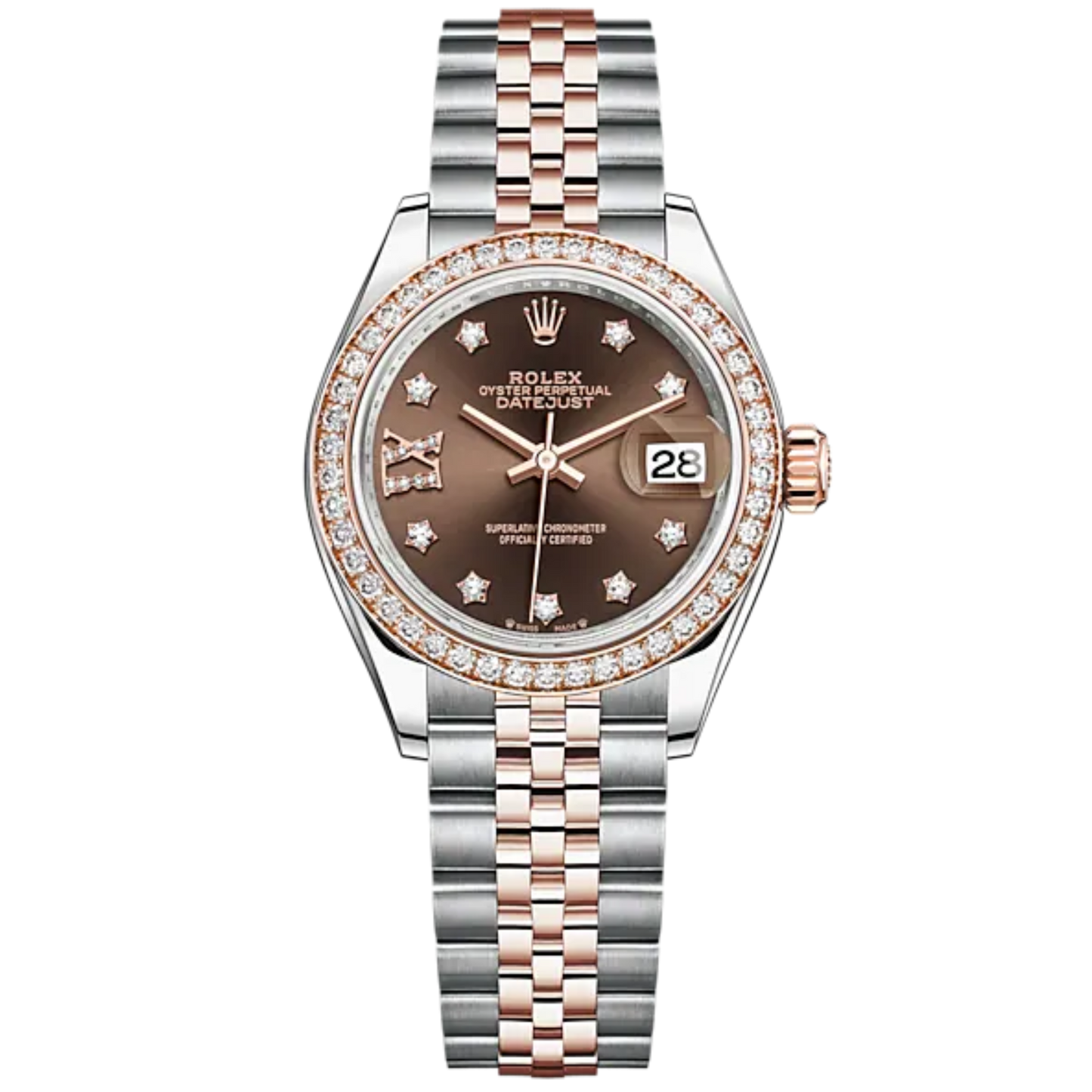 Lady-DateJust 28mm Oystersteel Jubilee Bracelet and Everose Gold with Chocolate Diamond-Set Dial and Diamond-Set Bezel