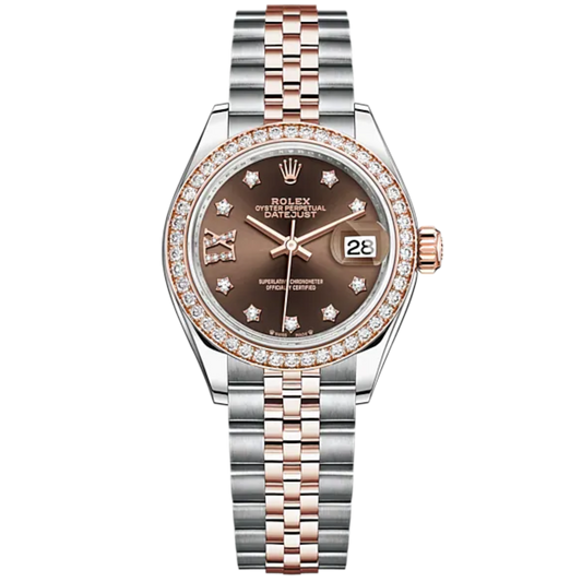 Lady-DateJust 28mm Oystersteel Jubilee Bracelet and Everose Gold with Chocolate Diamond-Set Dial and Diamond-Set Bezel