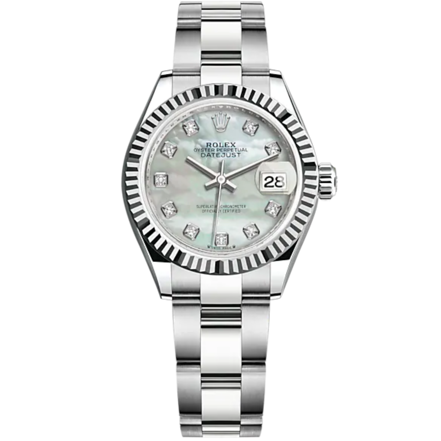 Lady-DateJust 28mm Oyster Oystersteel Bracelet and White Gold with White Mother-of-Pearl Dial Diamond-Set Dial and Fluted Bezel
