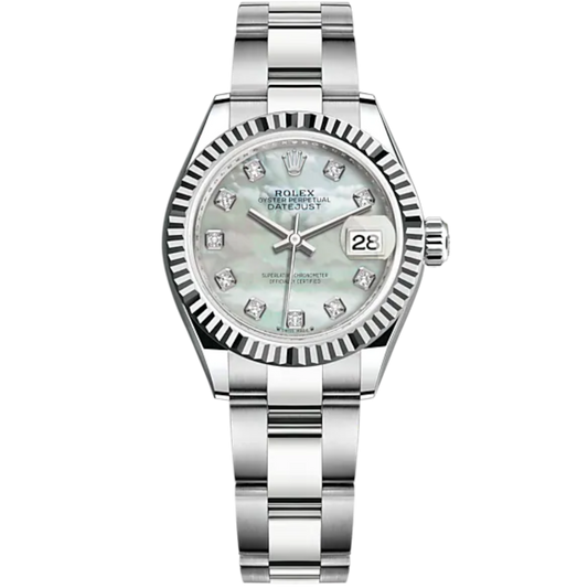 Lady-DateJust 28mm Oyster Oystersteel Bracelet and White Gold with White Mother-of-Pearl Dial Diamond-Set Dial and Fluted Bezel
