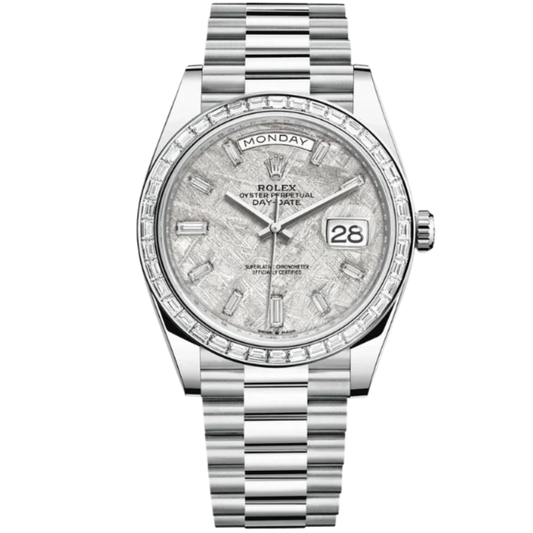 228396TBR Platinum Meteorite Day Date Factory Baguette Bezel with Baguette Indices