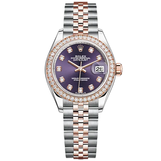 Lady-DateJust 28mm Oystersteel Jubilee Bracelet and Everose Gold with Aubergine Dial Diamond-Set Dial and Diamond-Set Bezel