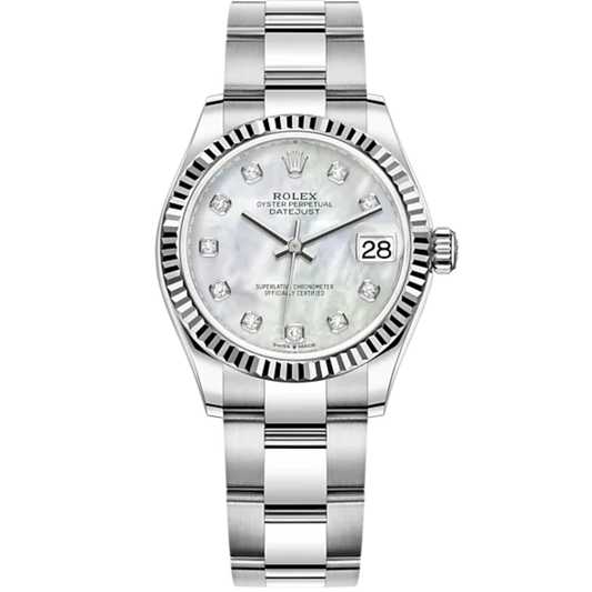 Datejust 31 31mm Oyster Bracelet Oystersteel and White Gold with White Mother-Of-Pearl Diamond Set Dial Fluted Bezel
