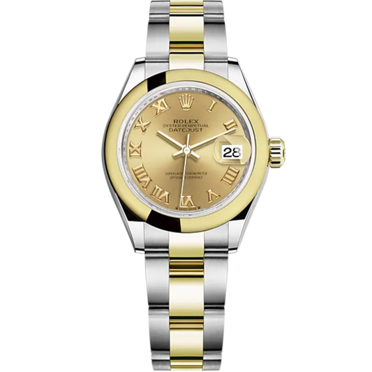 Lady-DateJust 28mm Oyster Oystersteel Bracelet and Yellow Gold with Champagne-Colour Dial and Domed Bezel