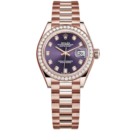 Lady-DateJust 28mm President Bracelet and 18 KT Everose Gold with Aubergine Dial Diamond-Set Dial and Diamond-Set Bezel