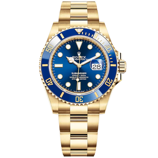 Submariner Date 41mm Oyster Bracelet and 18 CT Yellow Gold with Royal Blue Dial Blue Cerachrom Unidirectional Rotatable Bezel