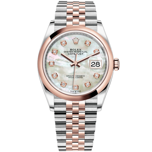 Datejust 36 36mm Oystersteel Jubilee Bracelet and Everose Gold with White Mother-of-Pearl Diamond-Set Dial Domed Bezel