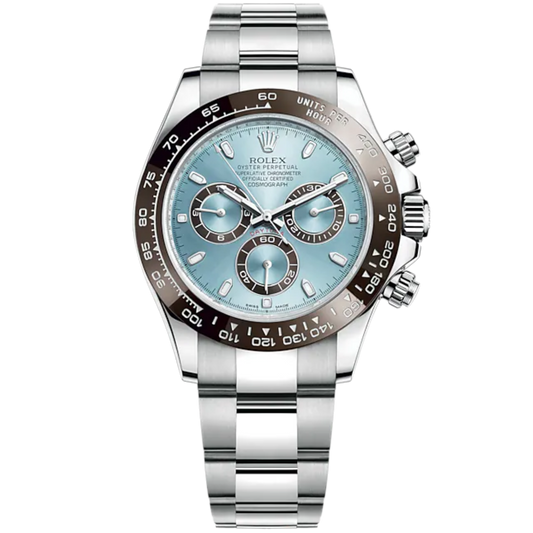 Cosmograph Daytona 40MM Oyster Bracelet Platinum With an Ice-Blue Dial Chestnut Brown Cerachrom Bezel With Tachymetric Scale