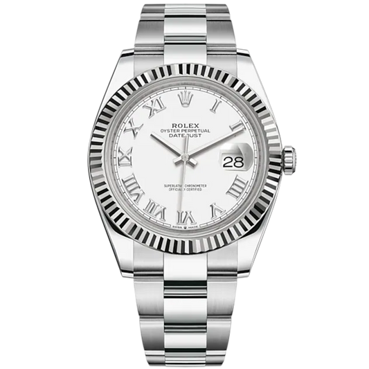 Datejust 41 41mm Oyster Bracelet Oystersteel and White Gold with White Roman Dial Fluted Bezel