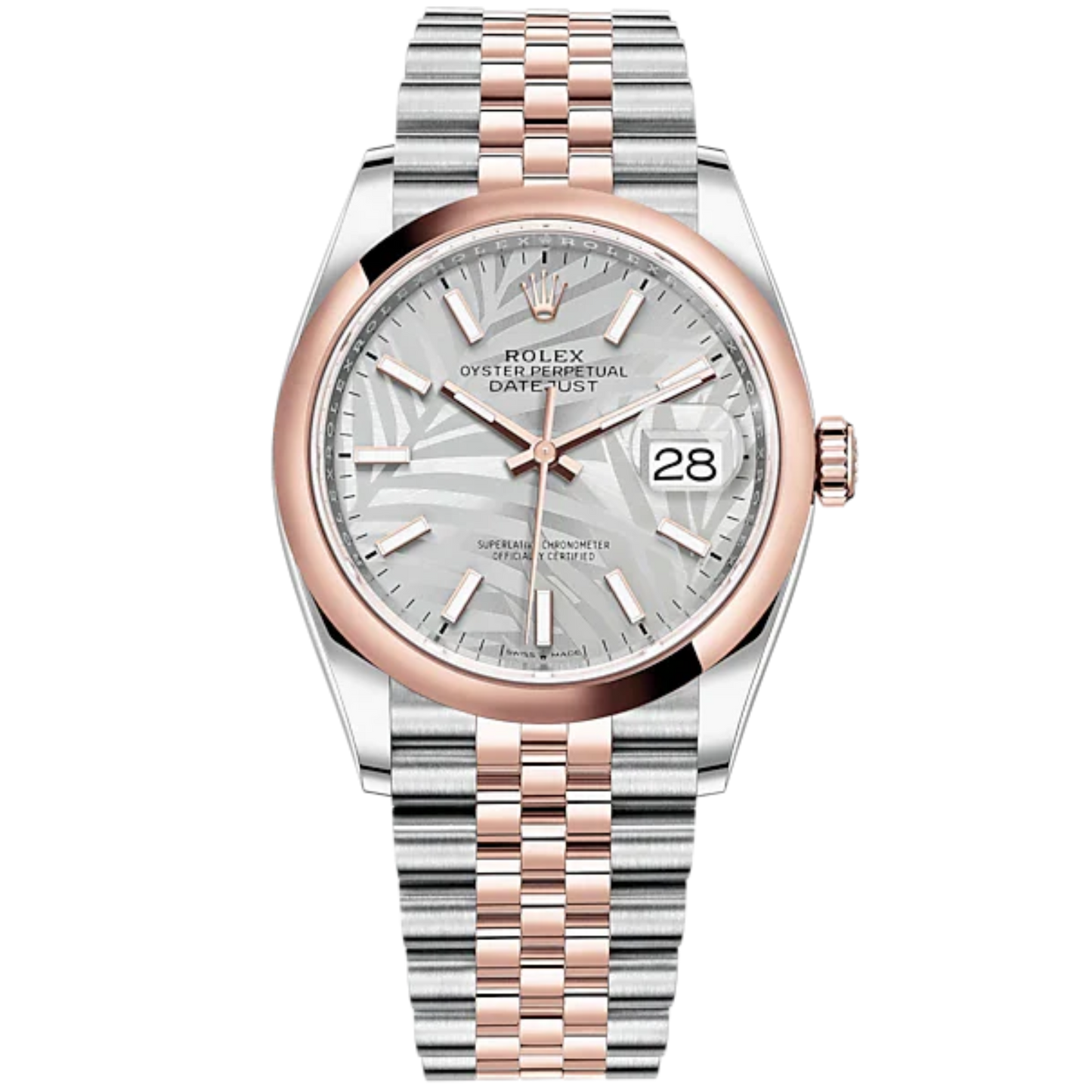 Datejust 36 36mm Oystersteel Jubilee Bracelet and Everose Gold with Silver Palm Motif Dial Silver Fluted Motif Domed Bezel
