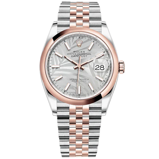 Datejust 36 36mm Oystersteel Jubilee Bracelet and Everose Gold with Silver Palm Motif Dial Silver Fluted Motif Domed Bezel