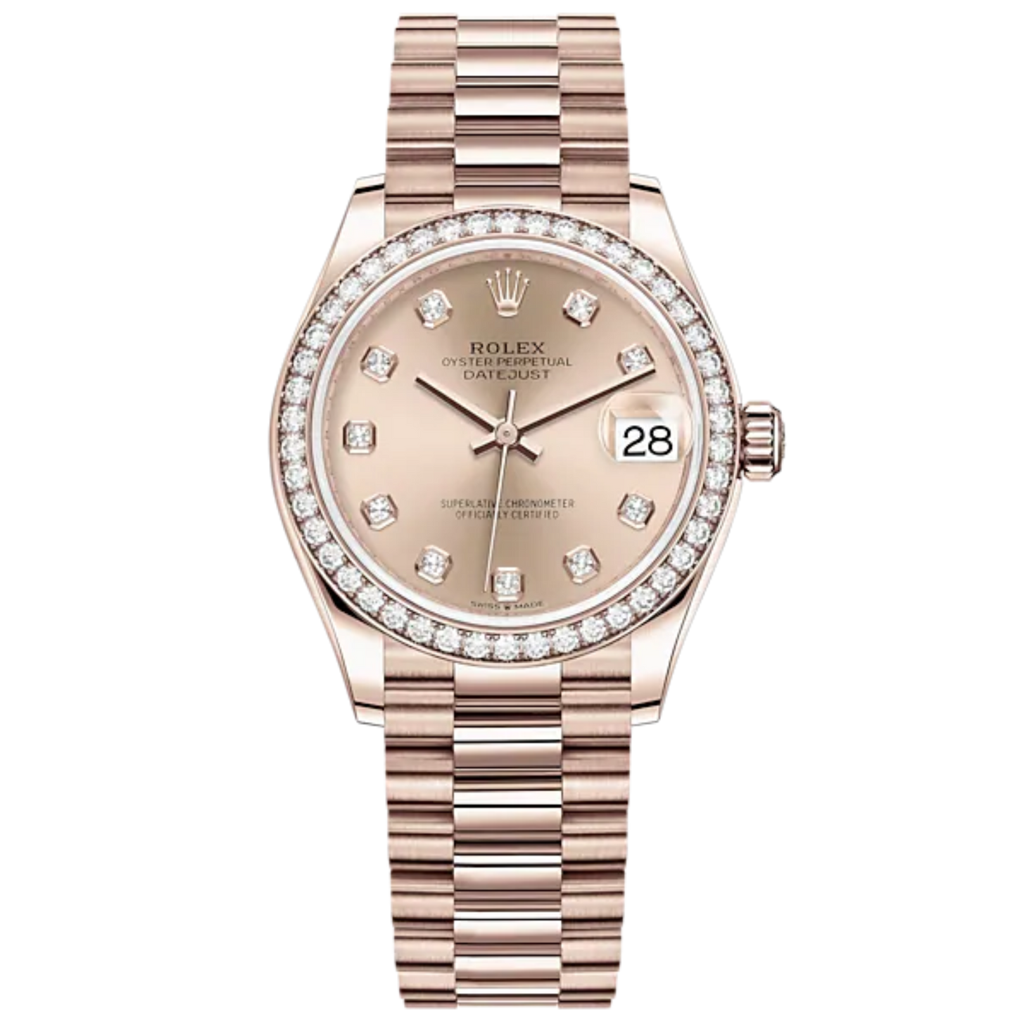Datejust 31 31mm President Bracelet and 18 CT Everose Gold with Rosé Diamond-Set Dial Diamond Set Bezel