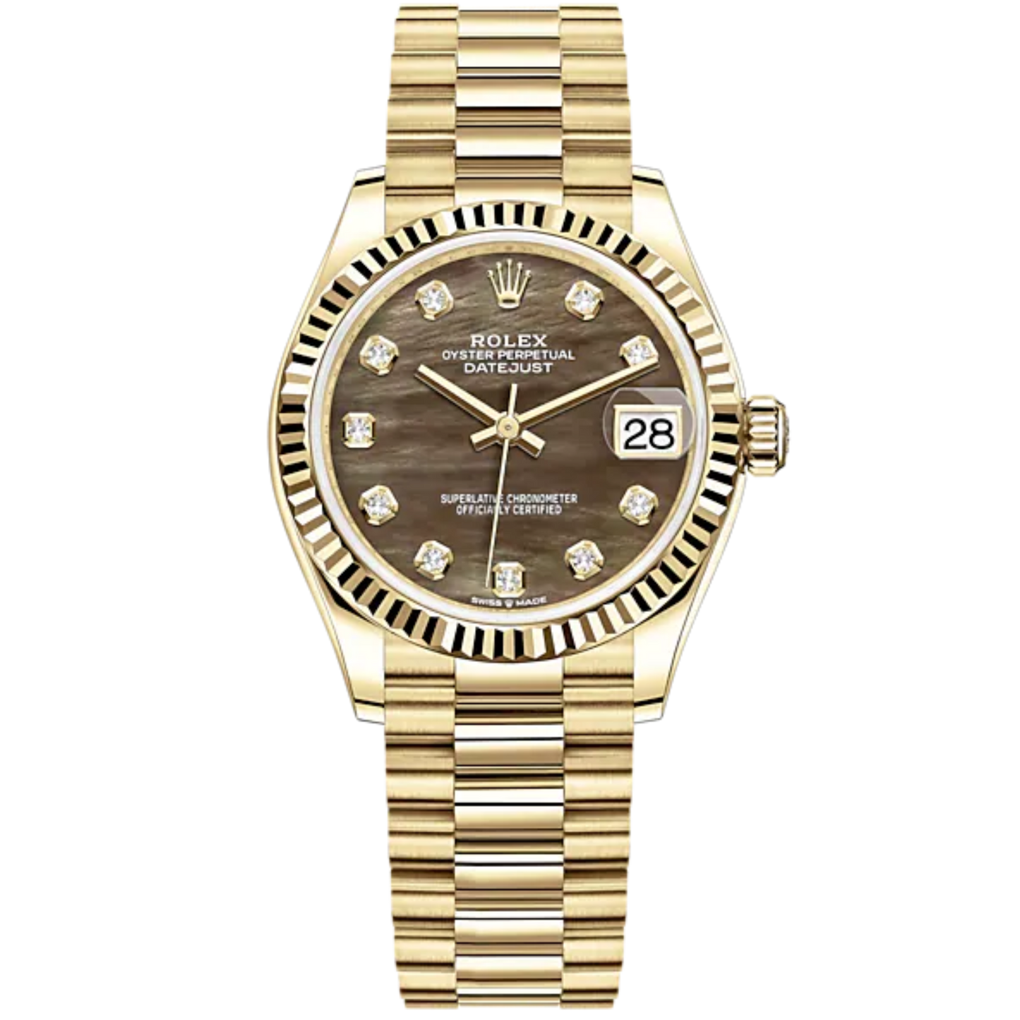 Datejust 31 31mm President Bracelet and 18 CT Yellow Gold with Black Mother-Of-Pearl Diamond-Set Dial Fluted Bezel