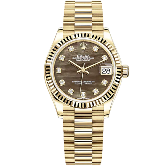Datejust 31 31mm President Bracelet and 18 CT Yellow Gold with Black Mother-Of-Pearl Diamond-Set Dial Fluted Bezel