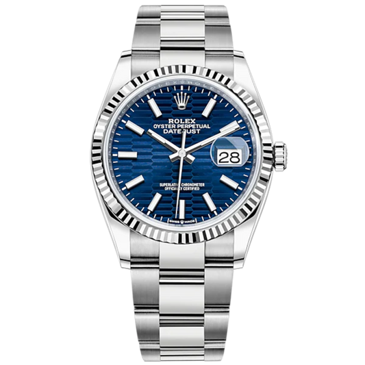 Rolex Datejust 36mm Oystersteel and White Gold on Oyster Blue Fluted-Motif Stick Dial Fluted Bezel