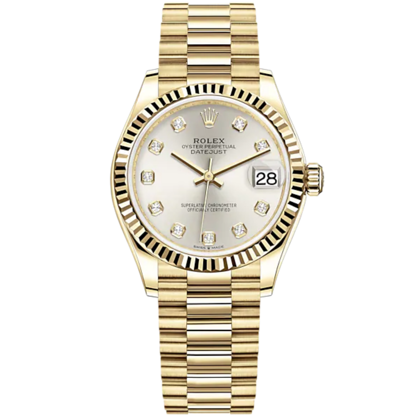 Datejust 31 31mm President Bracelet and 18 CT Yellow Gold with Silver Diamond Set Dial Fluted Bezel