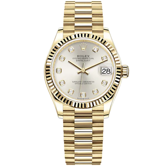 Datejust 31 31mm President Bracelet and 18 CT Yellow Gold with Silver Diamond Set Dial Fluted Bezel