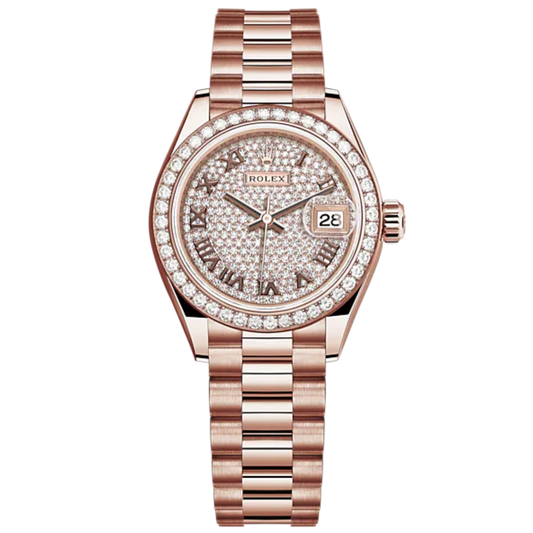 Lady-DateJust 28mm President Bracelet and 18 KT Everose Gold with Diamond-Paved Dial and Diamond-Set Bezel