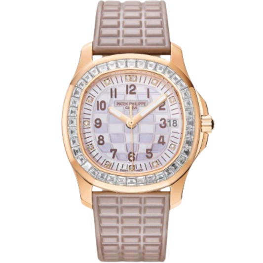 5072R Aquanaut Luce Haute Joaillerie 35.6mm Pearly Beige Tropical Strap Two-tone Beige Mother-of-Pearl Engraved Checkered Dial Baguette Diamond-set Rose Gold Bezel