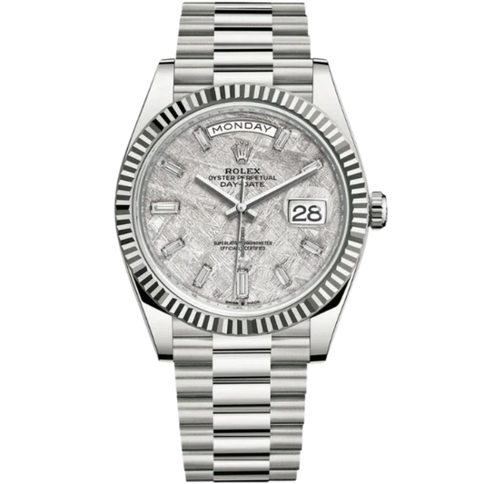 Rolex 228239 40MM White Gold Day Date Meteorite Dial with Baguette Markers