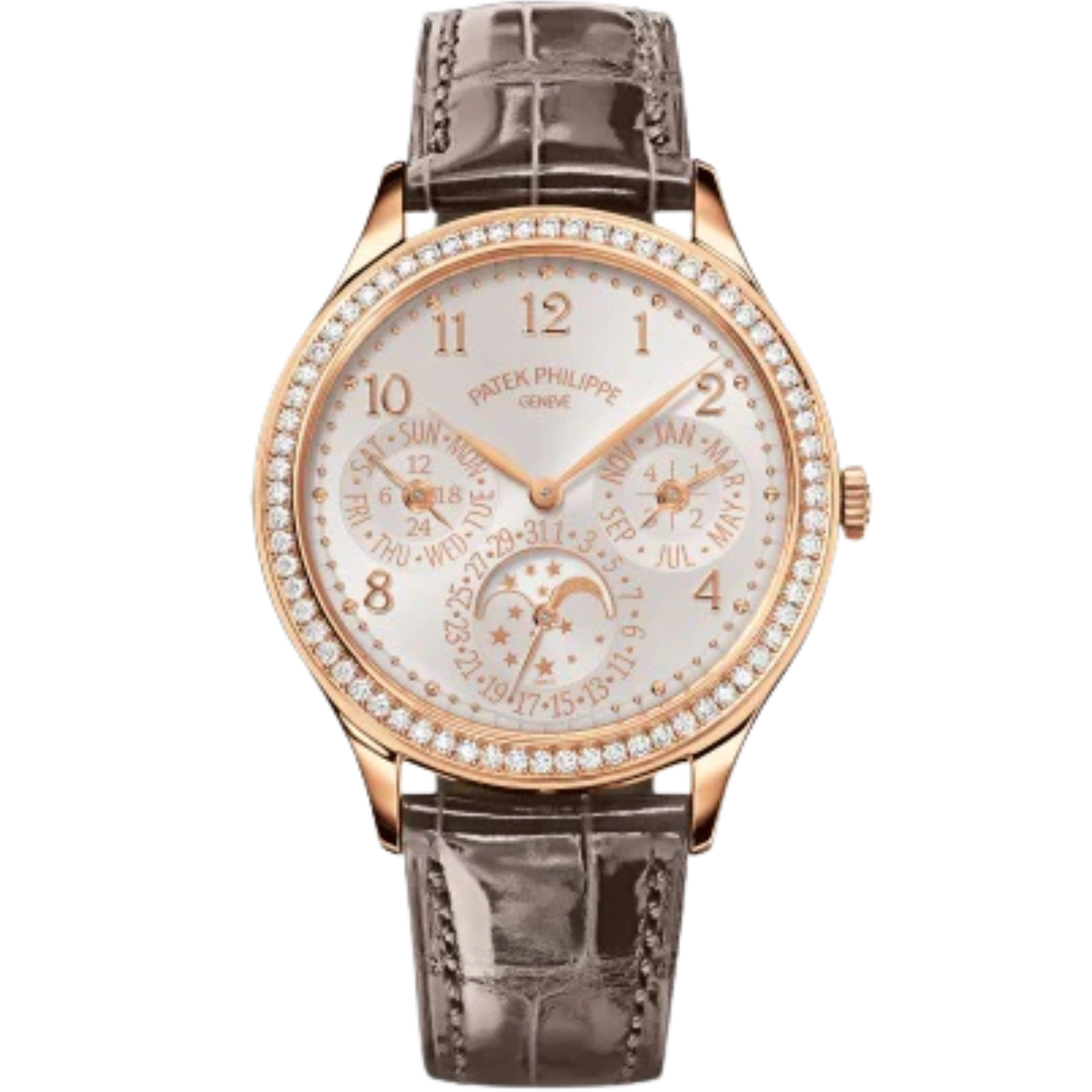 7140R Grand Complications 35.1mm Mink Gray/Royal Purple Shiny Alligator Straps Silvery-White Opaline Dial Diamond-set Rose Gold Bezel
