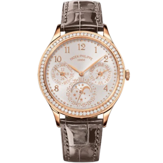 7140R Grand Complications 35.1mm Mink Gray/Royal Purple Shiny Alligator Straps Silvery-White Opaline Dial Diamond-set Rose Gold Bezel