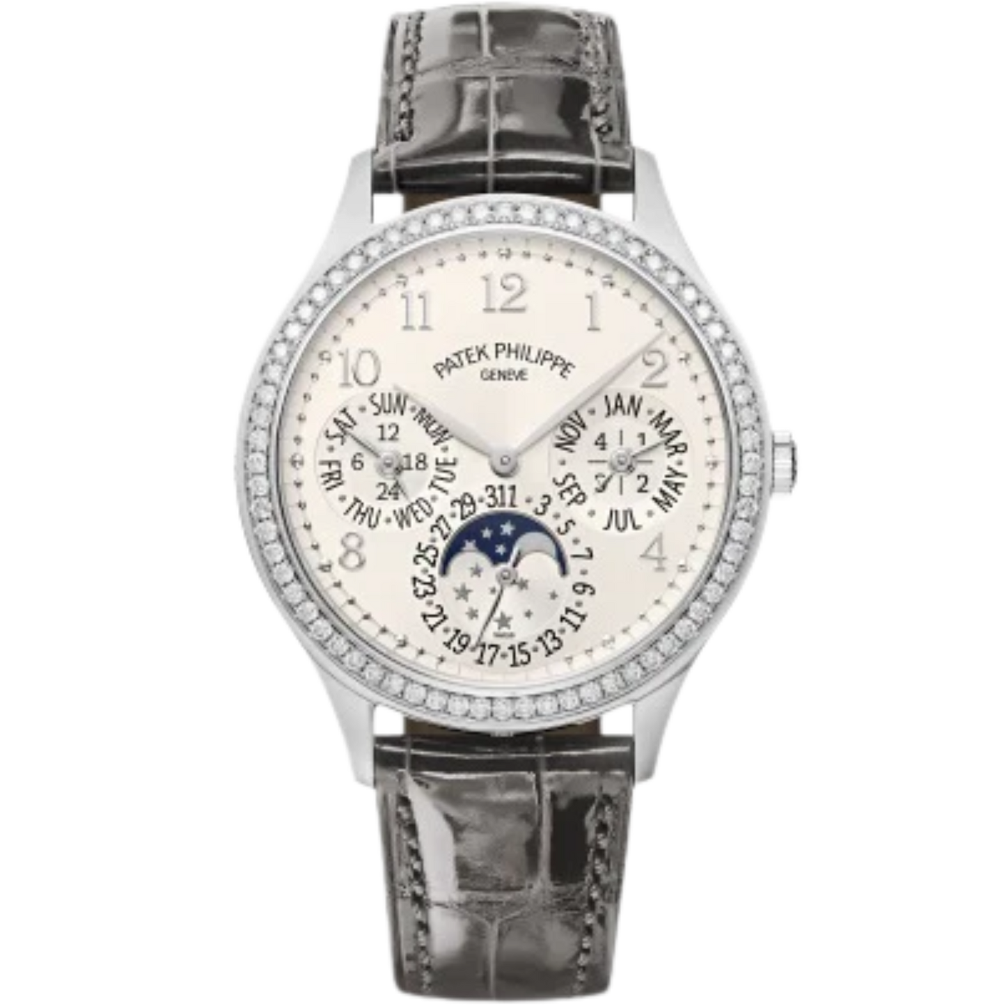 7140G Grand Complications 35.1mm Shiny Gray/Shiny Turquoise Green Alligator Straps Silvery Sunburst Dial Diamond-set White Gold Bezel