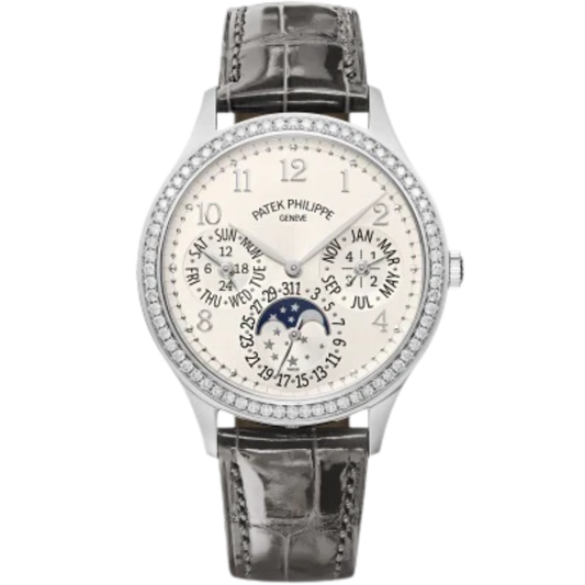 7140G Grand Complications 35.1mm Shiny Gray/Shiny Turquoise Green Alligator Straps Silvery Sunburst Dial Diamond-set White Gold Bezel