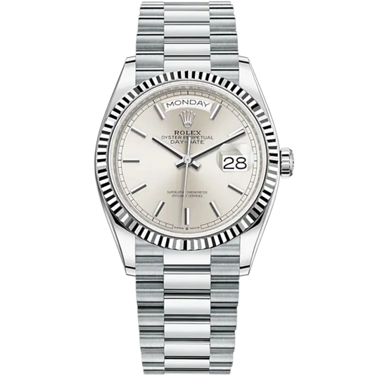 Day-Date 36 36mm President Bracelet and 18 KT White Gold with Silver Dial Fluted Bezel