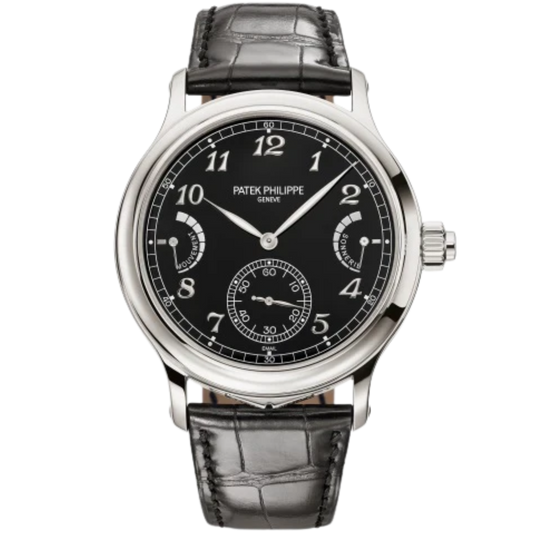 6301P Grand Complications 44.8mm Shiny Black Alligator Leather Strap Grand Feu Black Dial Platinum Bezel