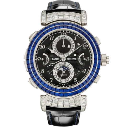 6300/401G Grand Complications 49.4mm Shiny Black Alligator Leather Strap Ebony Black Opaline Dial White Gold Baguette-cut Sapphire & Diamond-set Bezel