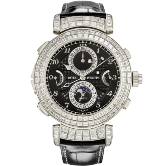 6300/400G Grand Complications 49.4mm Shiny Black Alligator Leather Strap Ebony Black Opaline Dial White Gold Baguette Diamond-set Bezel