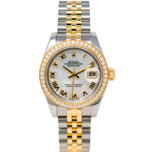 Lady Datejust 28MM Two Tone Yellow Gold on Jubilee Mother of Pearl Dial with Diamond Bezel + Hour Markers