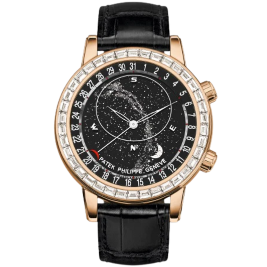 6104R Grand Complications 44mm Shiny Black Alligator Leather Strap Sky Chart & Milky Way Sapphire-Crystal Dial Rose Gold Jeweled Bezel