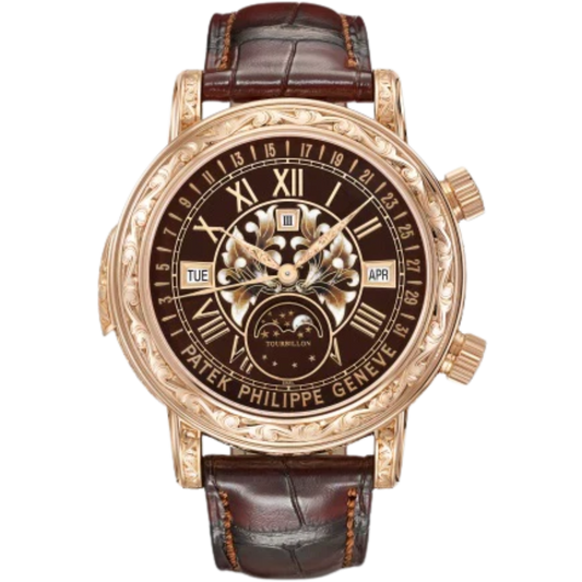 6002R Grand Complications 44mm Patinated Chestnut Alligator Strap Grand Feu champlevé & cloisonné brown Dial Rose Gold Bezel