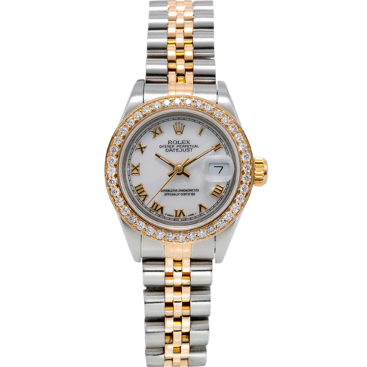Rolex Datejust 26mm BUSSDOWN Two Tone with Yellow Bezel/Dial 2.50CT with Roman Numeral Markers