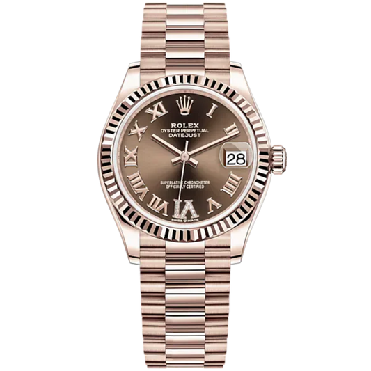 Datejust 31 31mm President Bracelet and 18 CT Everose Gold with Chocolate Diamond Dial Fluted Bezel