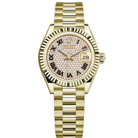 Lady-DateJust 28mm President Bracelet and 18 KT Yellow Gold with Diamond-Paved Dial Fluted Bezel