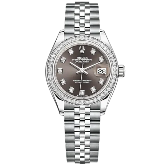 Lady-DateJust 28mm Oystersteel Jubilee Bracelet and White Gold with Dark Grey Dial Diamond-Set Dial Diamond-Set Bezel