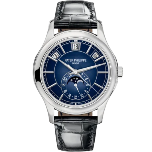 5205G Complications 40mm Shiny Black Alligator Strap Blue Sunburst Black Gradated Dial White Gold Bezel