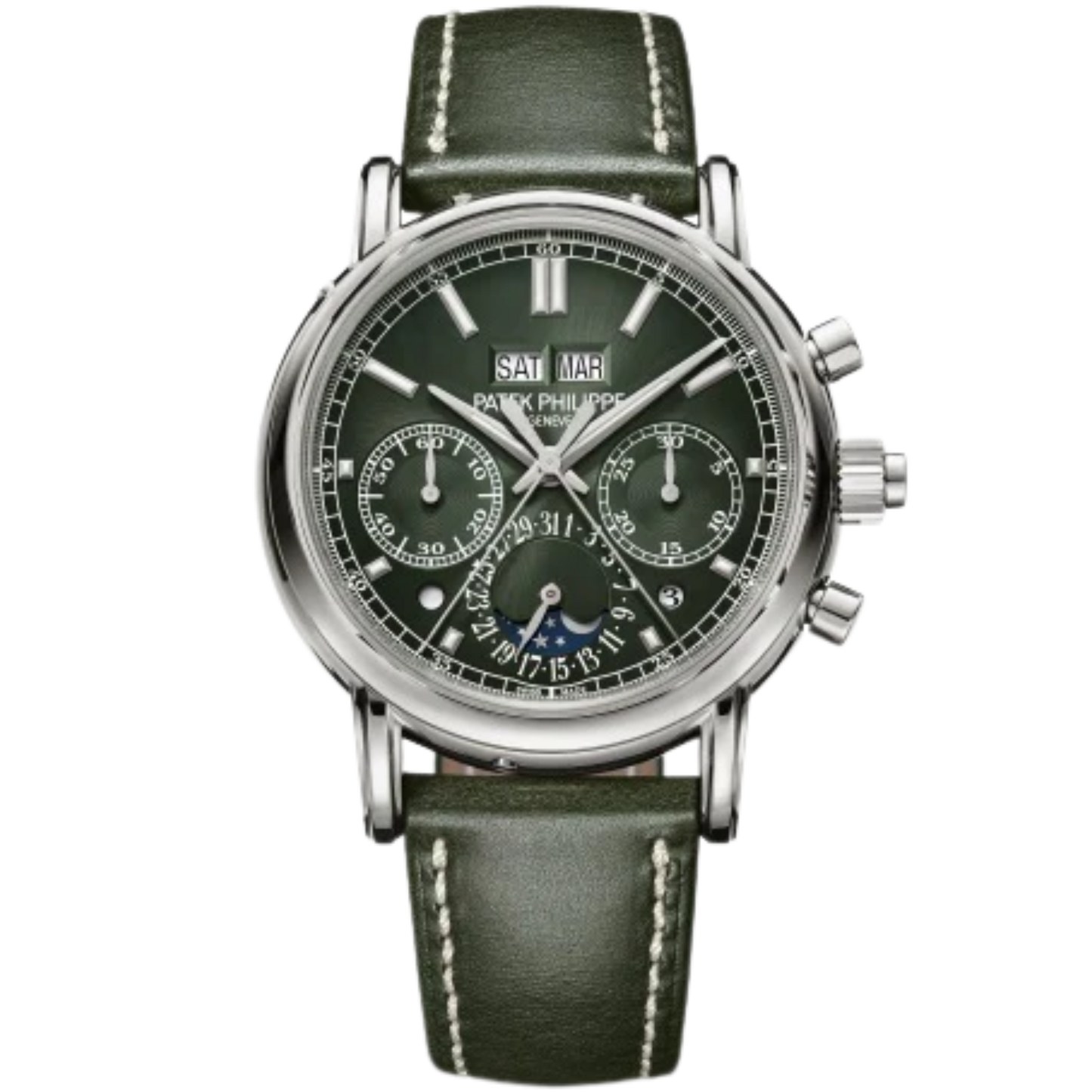 5204G-001 Grand Complications 40mm Shiny Olive Green Calfskin Strap Olive Green Sunburst Gradient-Black Rim Dial White Gold Bezel