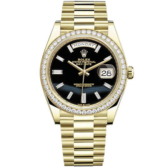 Day-Date 40 40mm President Bracelet and 18 KT Yellow Gold with Onyx Dial Diamond-Set Dial and Diamond-Set Bezel