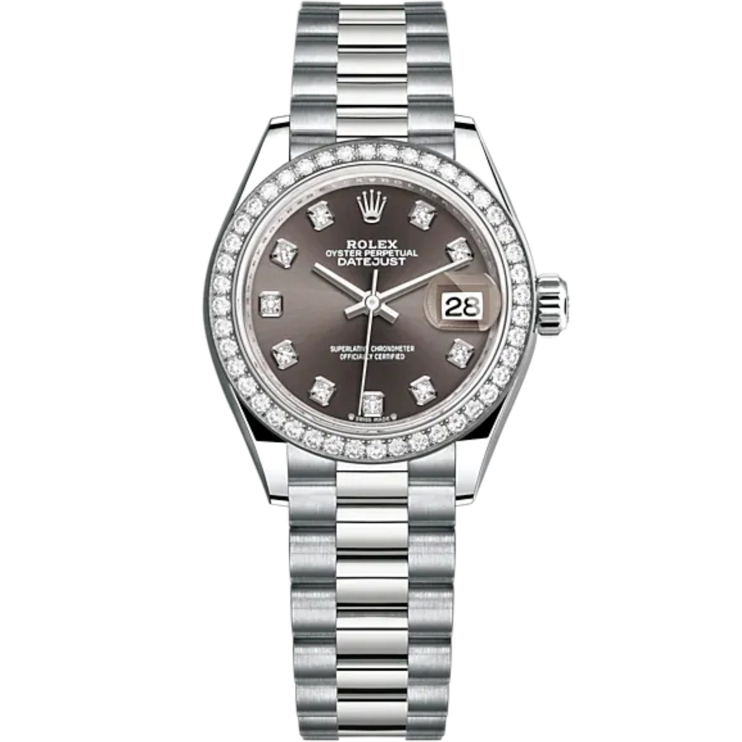 Lady-DateJust 28mm President Bracelet and 18 KT White Gold with Dark Grey Dial Diamond-Set Dial and Diamond-Set Bezel