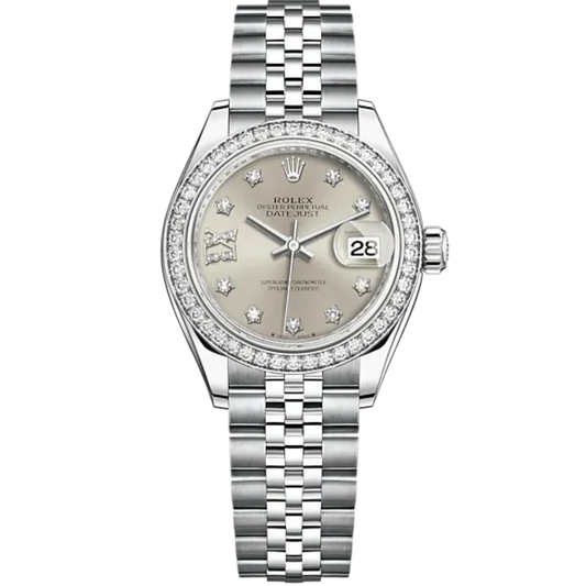 Lady-DateJust 28mm Jubilee Bracelet and Oystersteel with White Gold and Silver Dial Diamond-Set Dial Diamond-Set Bezel