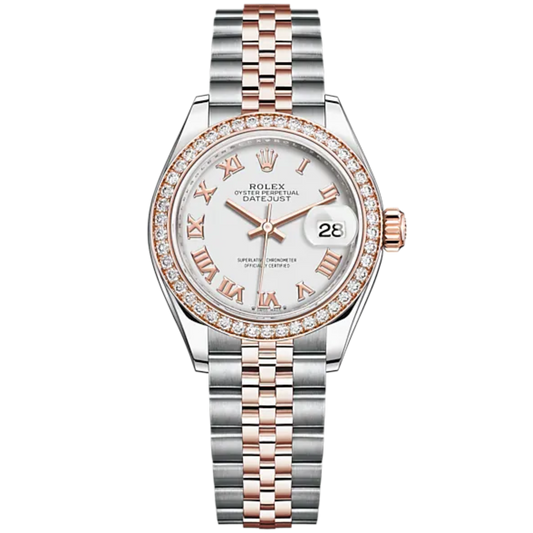Lady-DateJust 28mm Oystersteel Jubilee Bracelet and Everose Gold with White Dial and Diamond-Set Bezel