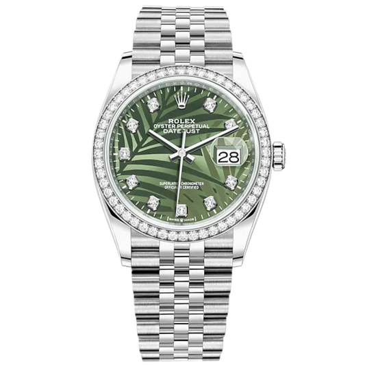Datejust 36 36mm Oystersteel Jubilee Bracelet Olive Green Palm-Motif Diamond-set Dial Diamond-set Bezel