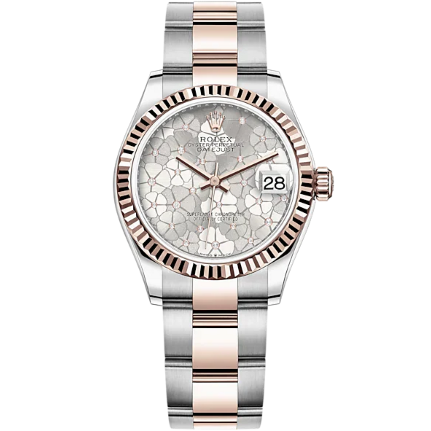 Datejust 31 31mm Oyster Bracelet Oystersteel and Everose Gold with Silver Floral-Motif Diamond-Set Dial Fluted Bezel